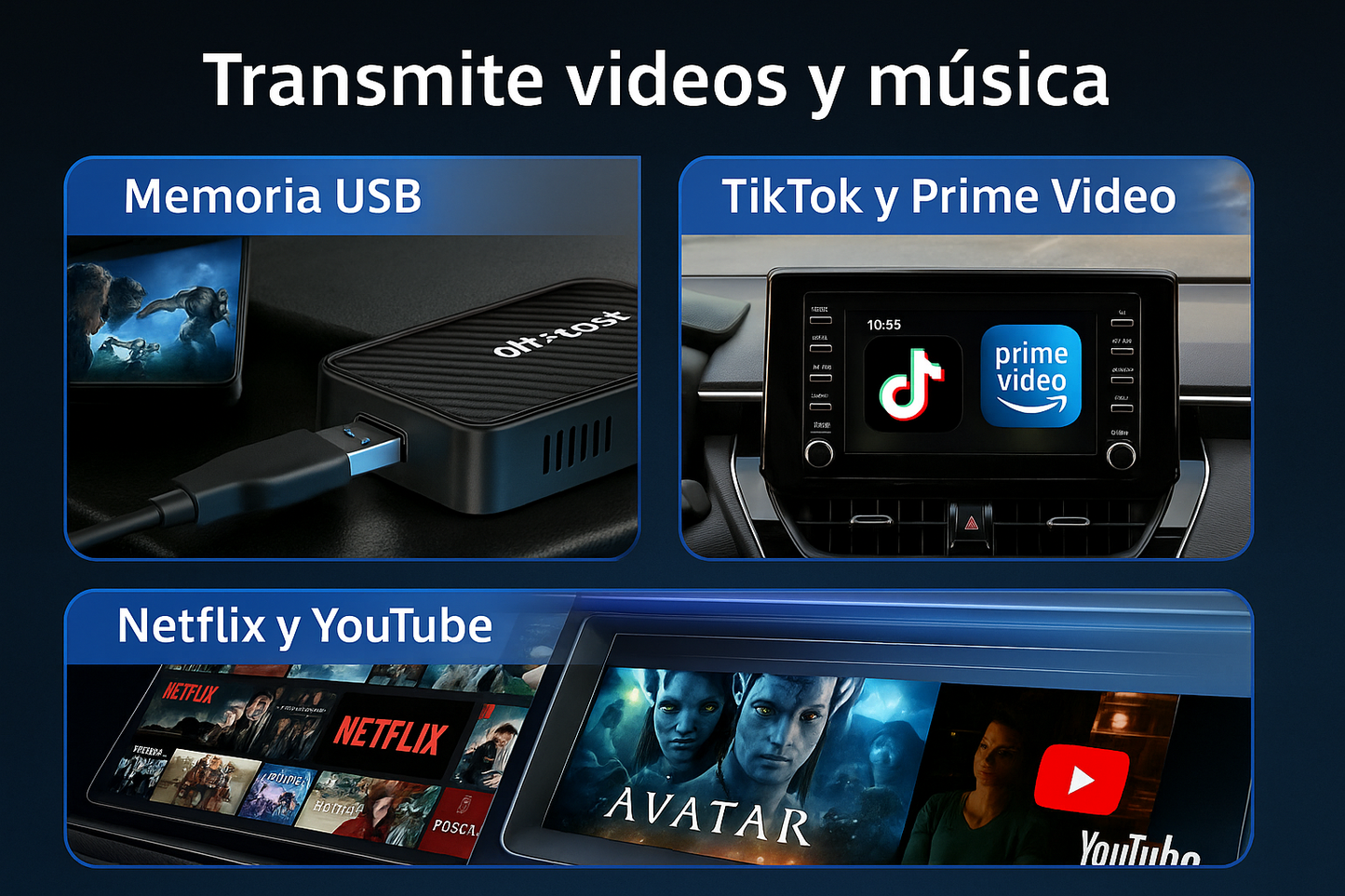 Dispositivo para coche Auto inalámbrica Play2Video Pro YouTube Netflix Prime Video mejorada 2025