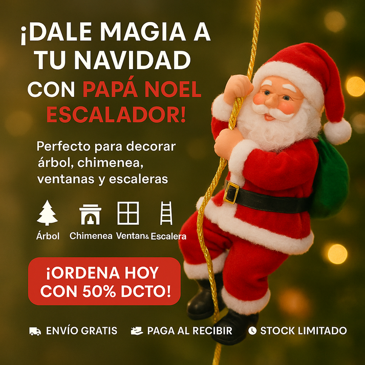 PAPA NOEL ESCALADOR CON CUERDA LED (2 x1) Tres tipos de luz (Blanca, Cálido o multicolor)