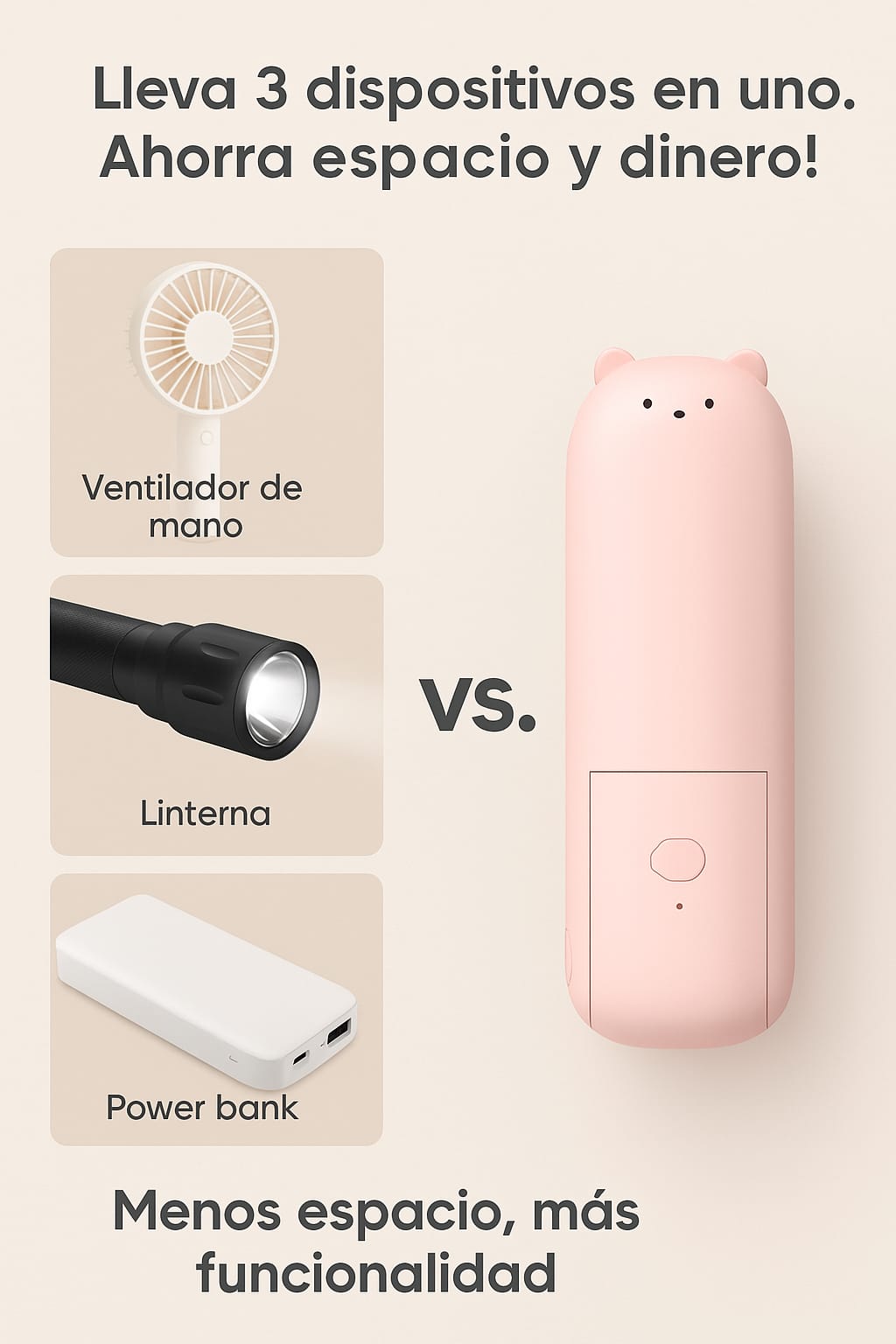 4 en 1 Banco de energía + Ventilador + Linterna + Soporte de Celular